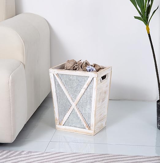 Venalys Small Wood Trash Can Wastebasket, Decorative Barn Door Garbage Can Waste Basket, Rustic Distressed Rectangular Trash Bin, Farmhouse Wooden Storage Basket Waste Paper Bin (Whitewash)