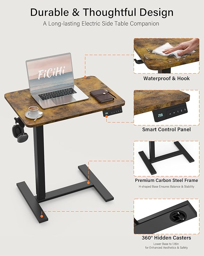 FiCiHi Electric Standing Desk with Wheels – Adjustable Height Mobile Sit-Stand Laptop Table, Portable Rolling Small Computer Workstation for Home Office & Bedside Use (28"x16", Rustic Brown)
