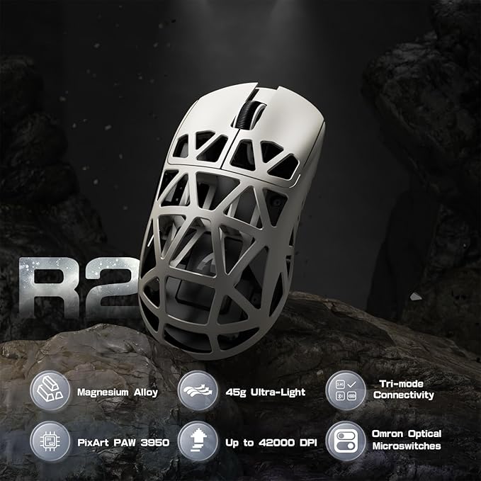 ATTACK SHARK R2 SUPERLIGHT Wireless Gaming Mouse,Magnesium Alloy, PixArt PAW 3950 Optical Sensor,42K DPI ,8K Polling Rate,5 Programmable Button,Long Battery Life 2.4G/USB-C/Bluetooth Mice-Retro White