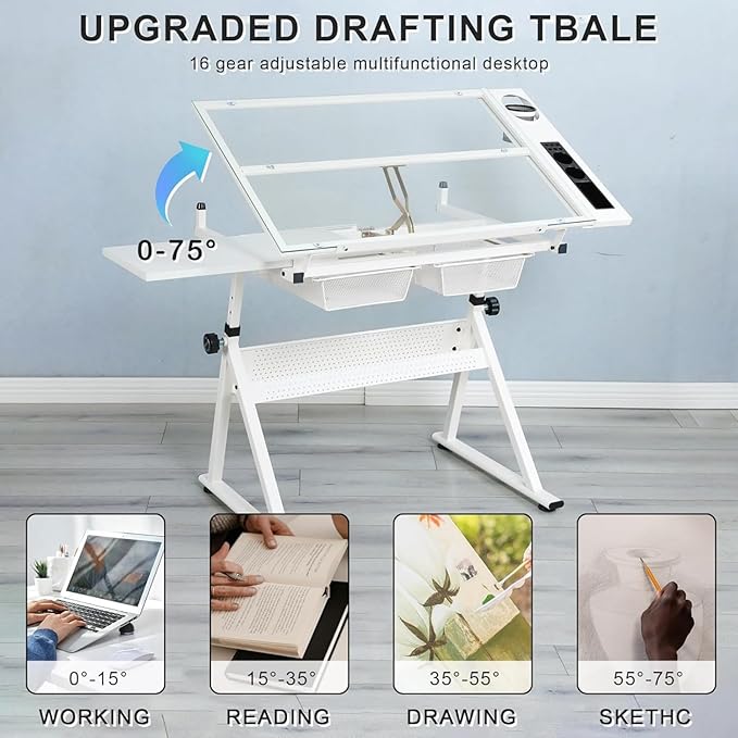 Glass Drafting Table and Stool Sets, Adjustable Height Drawing Table Art Craft Artist Desk Tilting Glass Tabletop with 2 Storage Drawers for Home Office (White-Type 2)