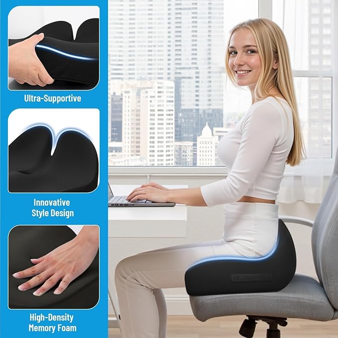 Cushzone Seat Cushion, Memory Foam Office Chair Cushions, Ergonomic Curved Design for Sciatica, Tailbone, Coccyx, Seat Support for Car, Desk Chair, Wheelchair, Enhances Long Sitting Comfort (Black)