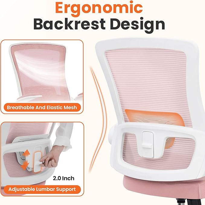 NEO Chair Office Desk Gaming Chair Computer High Back Mesh Seat with Rolling Wheels Ergonomic Adjustable Comfy Flip-up Armrests Lumbar Support Height for Home (Pink)