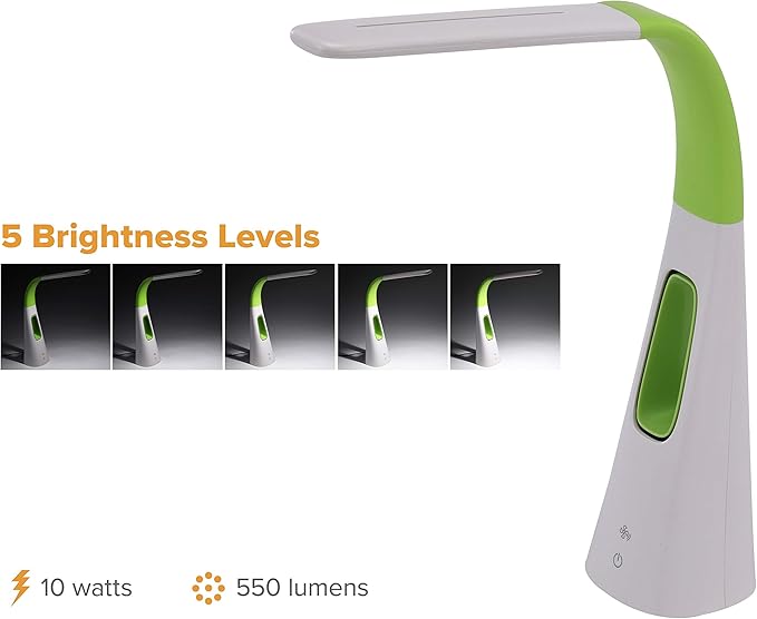 PureOptics LED VLED1603LM Desk Lamp with Bladeless Fan, Dimmable, Adjustable Neck, Lime Green
