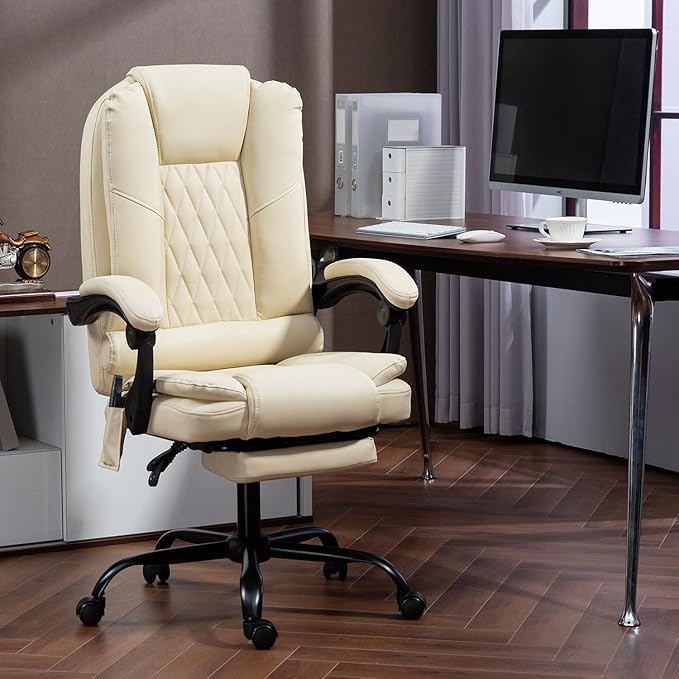 6-Point Heated Massage Office Chair with Footrest, Ergonomic Home Desk Chair with Lumbar Support, Executive High Back PU Leather Computer Chair with Armrest & Reclining, Beige