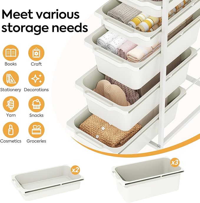 Rolling Storage Cart with 5 Drawers, Craft Organizer, Wooden Tabletop Utility Cart for Bedroom, Children's Room and Office Organization, Table Side Trolley with Lockable Wheels, White