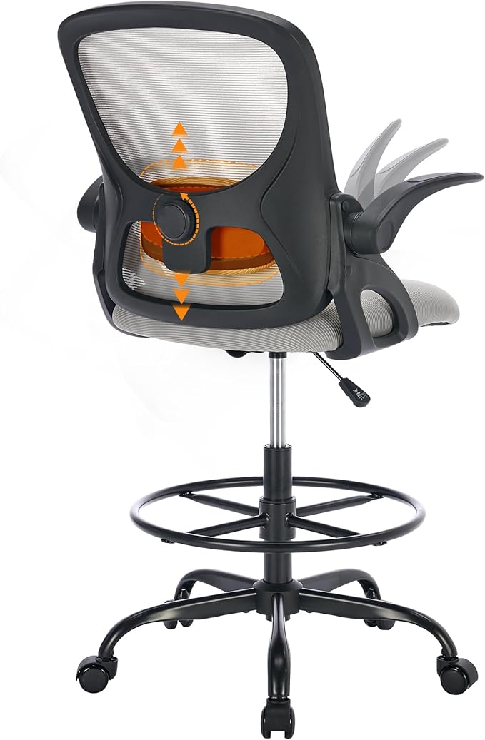 LukkDys Drafting Chair with 4D Multi-Adjustable Backrest, Tall Office Chair 19.7"-27.6" Seat Height, Ergonomic Standing Desk Chair with Flip-up Arms, Foot Ring, Grey&Black