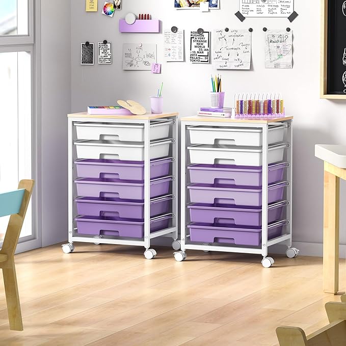 SYKIARIOL Rolling Cart with Drawers,Utility Cart with 6 Drawers,Rolling Storage Cart with Drawers and Wooden Tabletop & Lockable Wheel,Purple