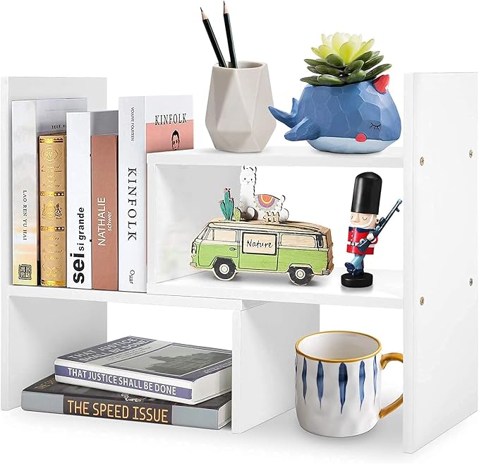 Adjustable Desktop Bookshelf & Desk Organizer Shelf, Counter Top Free Style Display Shelf Rack, Office Supplies Storage Shelf for Desk, Small Desk Hutch Top of Desk Organizers and Accessories