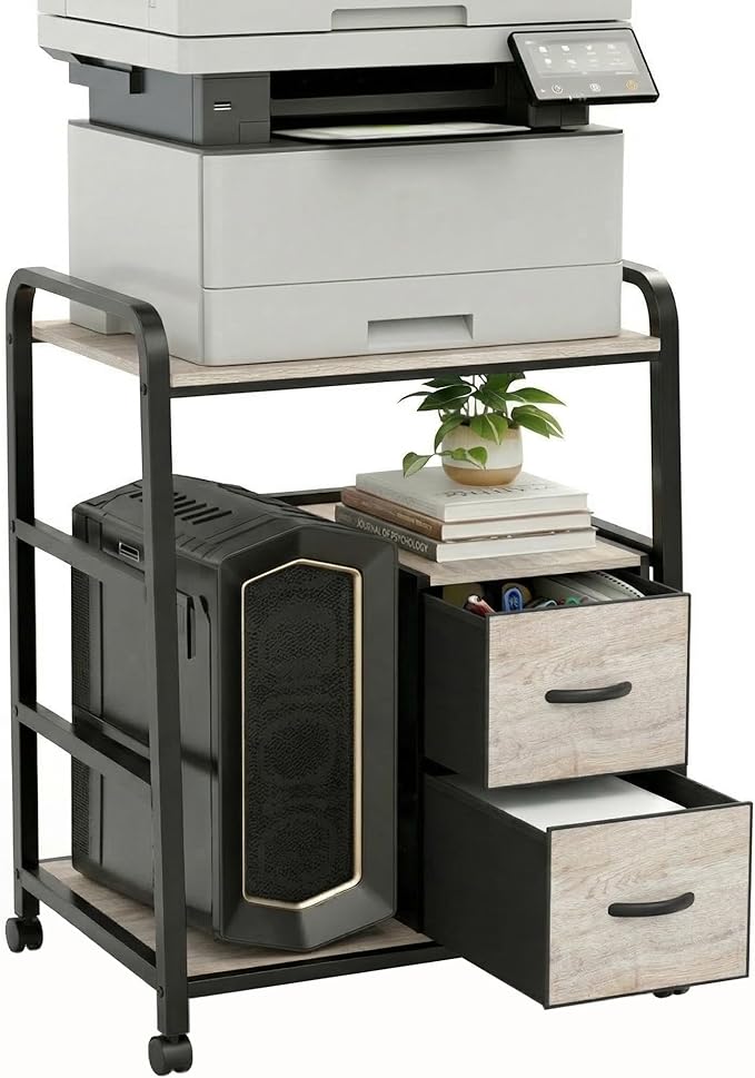 Printer Stand Featuring Fabric Drawers, Under Desk Host Computer Cabinet and Shredder Shelf, Heavy Duty Printer Stand with Storage Workstation Organization Printer Table for Home Office
