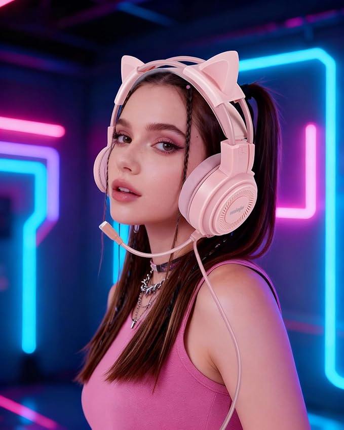 Upgraded Pink Gaming Headset for PS4, PS5, Xbox One, PC, Switch, Laptop, Mobile – Cat Ears, Noise-Canceling Mic, 7.1 Surround Sound, LED Light, Soft Memory Earmuffs for Ultimate Comfort