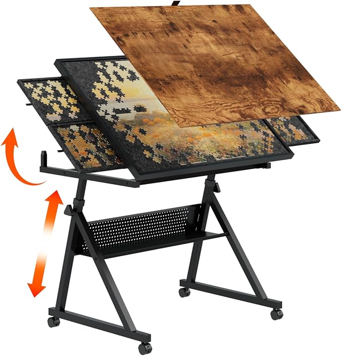 Drafting Table Art Table Adjustable Drawing Table Tilted Tabletop, Craft Table with Storage and Side Trays, Crafting Desk for Painting Diamond Reading Writing Study (Black C)