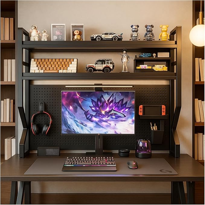 Desktop Hutch Bookshelf,Many Gifts,Metal Desktop Bookcase with pegboard, Desk Shelf Black, Countertop Storage Organizer Rack for Dorm or Office,Desktop Shelves(Black, 29.5" Lx9.9 Wx39 H)
