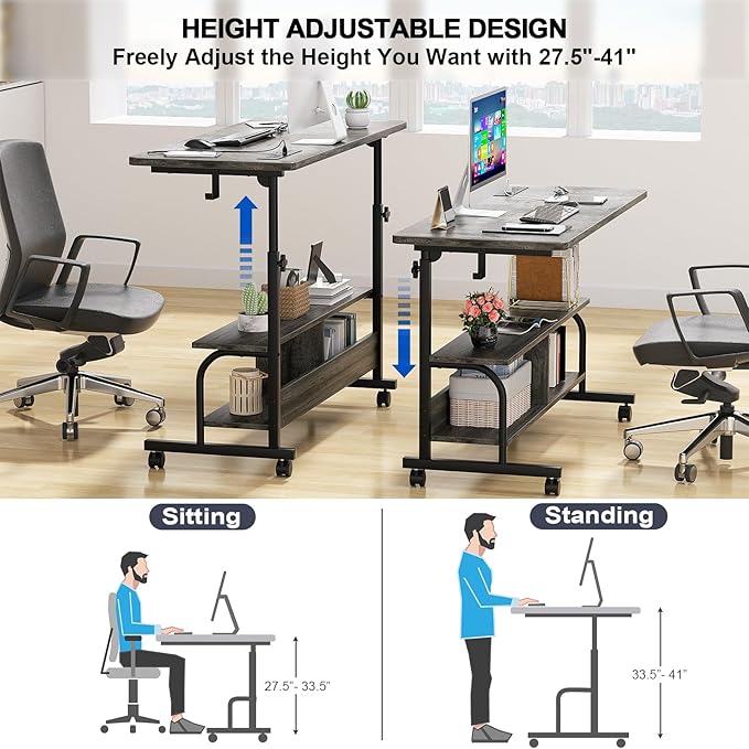 Armocity Rolling Standing Desk with Power Outlets, 47" Manual Height Adjustable Mobile Computer Desk with Wheels, Portable Sit Stand Laptop Couch Table for Bed & Sofa Home Office, Grey Oak