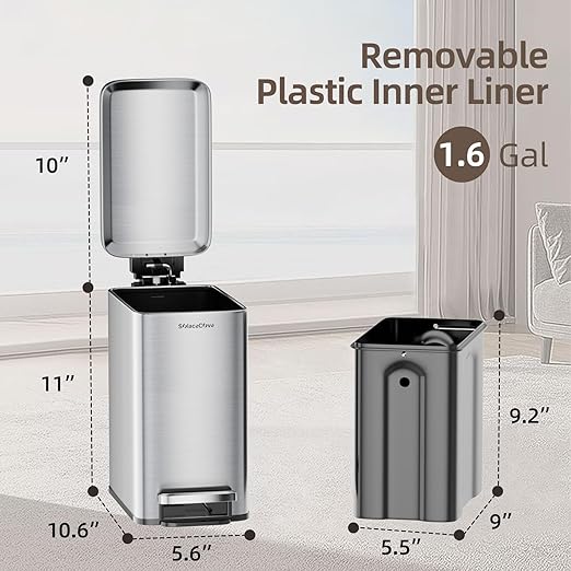 Small Bathroom Trash Can with Soft-Close Lid, 6L/1.6 Gal Stainless Steel Slim Step Garbage Can with Removable Inner Bucket for Bedroom, Bathroom