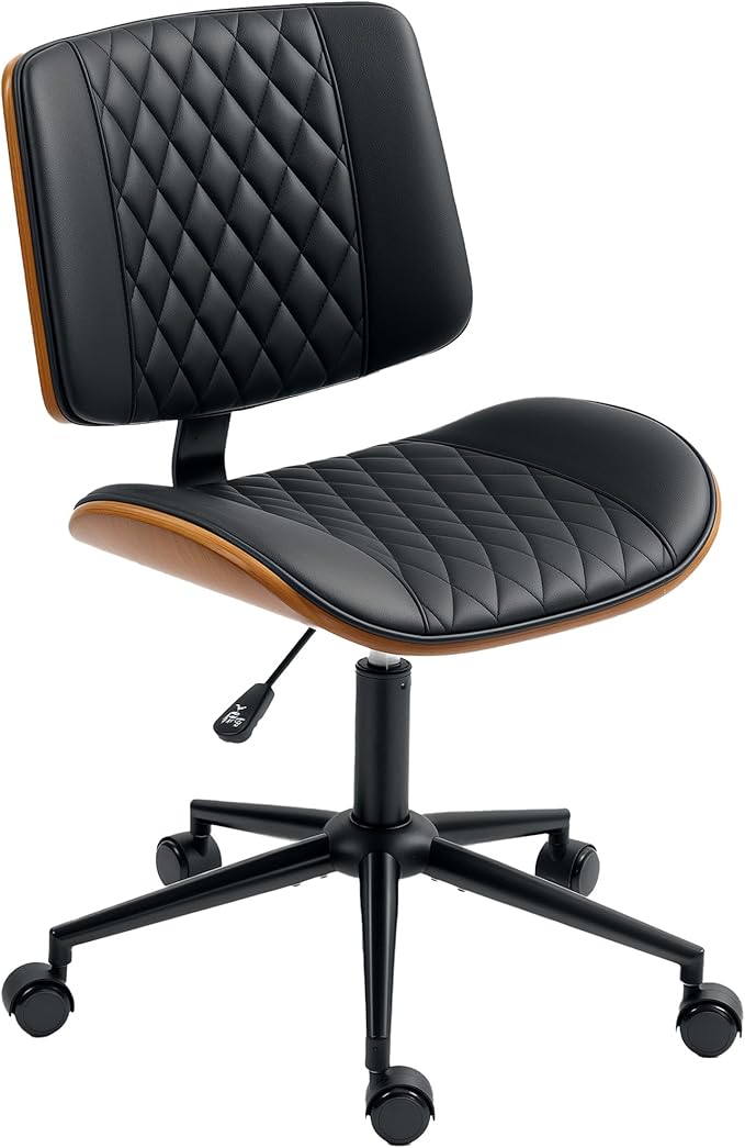 HOMCOM Home Office Chair No Arms with Wheels, PU Leather Mid Back Small Desk Chair with Adjustable Height, 360 Degree Swivel for Office, Reading, Meeting Room, Black