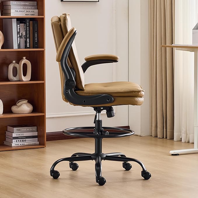 Karl home Drafting Chair Height Adjustable for Standing Desk, PU Upholstered Tall Office Swivel Desk Chair with Flip-Up Armrests, Ergonomic Lumbar Support, Adjustable Foot Ring, Khaki