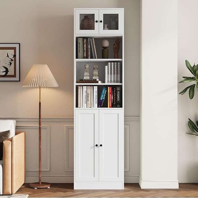 TUSY 85.5 Inch Tall Bookshelf with Doors - 7 Tier Bookcase with Glass Doors and Drawer, 23.6" Wide Storage Cabinet with Open Shelves for Living Room, White Book Shelf for Home Office, Study (A)