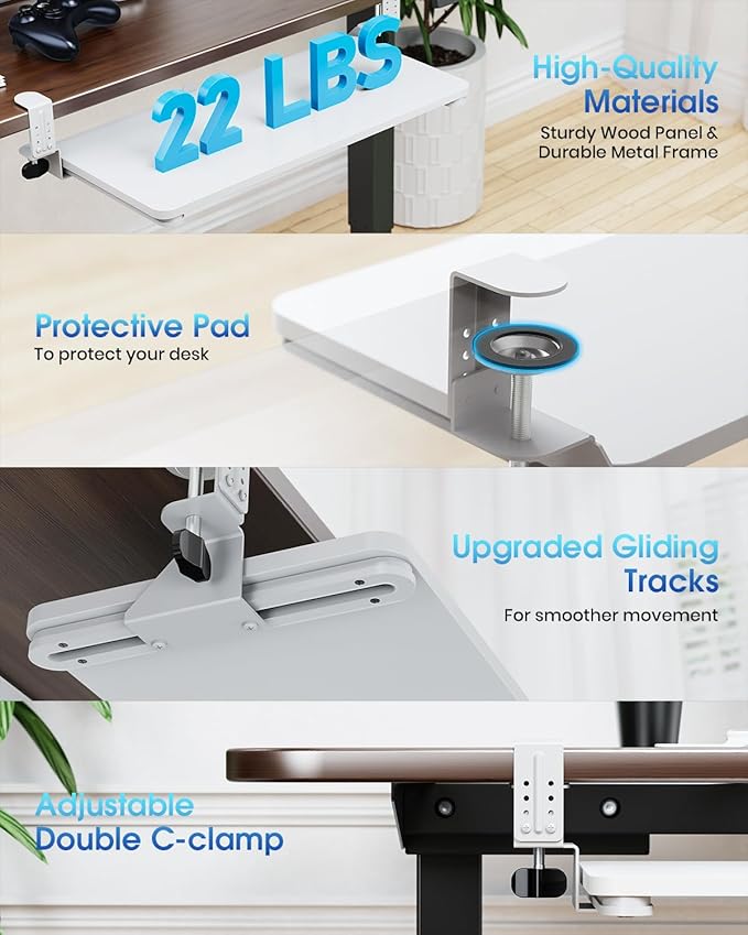 Large Keyboard Tray Under Desk, Pull Out Keyboard & Mouse Tray with Adjustable C-clamp, 25.6(31.5 Including Clamps) x 11.8 Inch Slide Out Computer Keyboard Drawer Mouse Tray for Typing, White