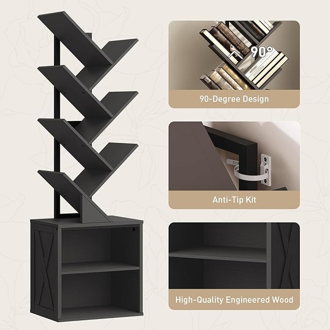 RALGEND Tree Bookshelf, 6 Tier Bookcase with 2 Storage Racks, Free Standing Wooden Bookcase, Floor Standing Book Shelf Organizer for Living Room, Bedroom, Study, Home Office, Black