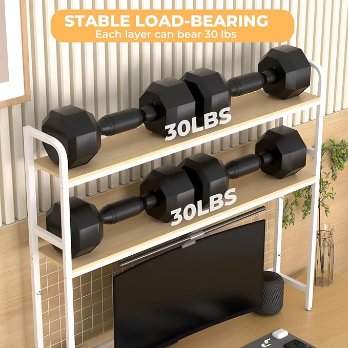 FAHKNS 2-Tier Desktop Bookshelf - Metal Desktop Bookshelf Organizer，Desk Book Organizer with 3 Hooks & DIY Storage Mesh，Suitable for Office/Game Room/Study/Powder Room（White）
