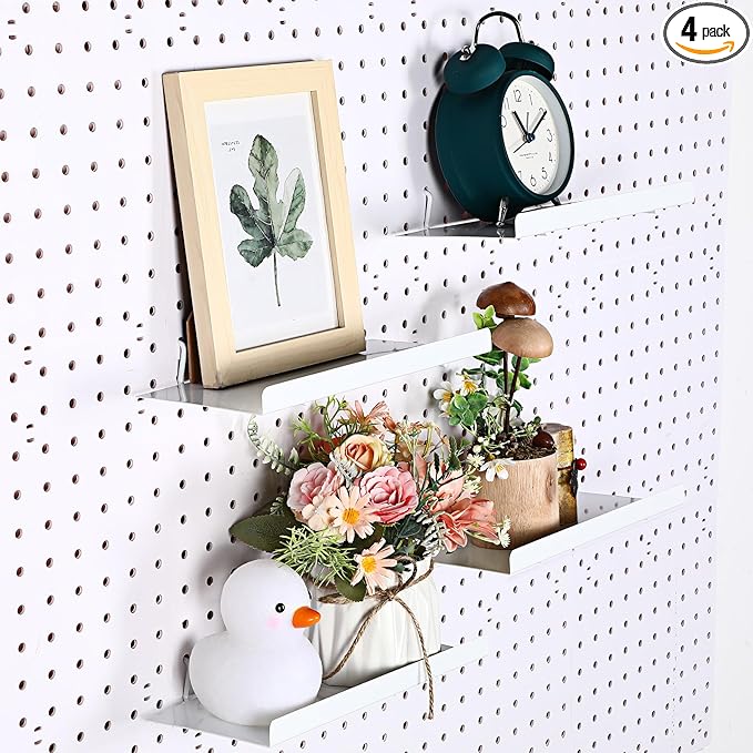 Beeveer 4 Pcs Pegboard Shelves Wall Organizer Brackets Pegboard Steel Tray Accessories Organizing Tools for Craft Garage Nursery Workbench Kitchen(10.04 x 4.33 Inch,White)