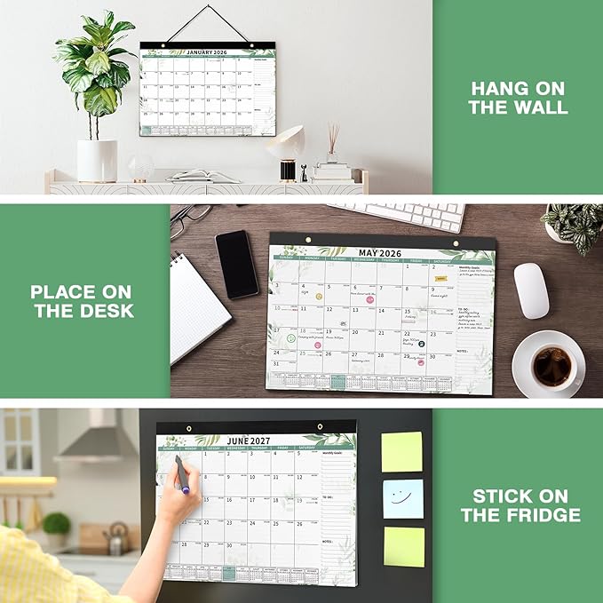 Ospelelf Desk Calendar 2026-2027, Magnetic Fridge Wall Calendar, 18 Month Monthly Large 17" X 12" Calendar Planner with Plastic Cover, January 2026 - June 2027 Green Plant