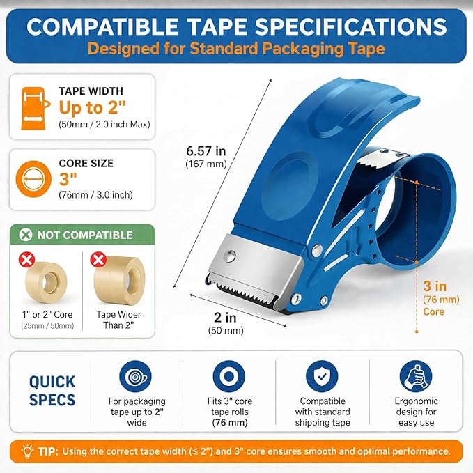 2 Pack Heavy Duty Packing Tape Dispenser Gun, Fits Packaging Tape up to 2 Inches Wide with 3-Inch Core, Adjustable Brake Tape Gun for Shipping, Moving, Office & Warehouse