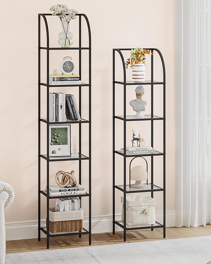 Hzuaneri Bookcase Bookshelf, Tempered Glass Arched Bookshelf for More Storage, Slim Shelving Unit for Bedroom, Bathroom, Home Office, Steel Frame, 5 Tier Black BC20599B