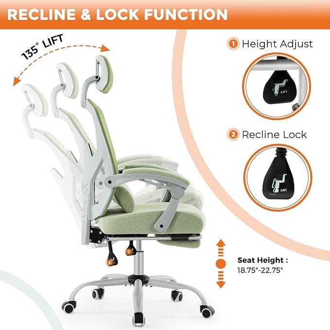 Sweetcrispy Office Computer Desk Chair, Ergonomic High-Back Mesh Rolling Work Swivel Chairs with Wheels, Comfortable Lumbar Support, Comfy Arms for Home, Bedroom, Study, Student, Green