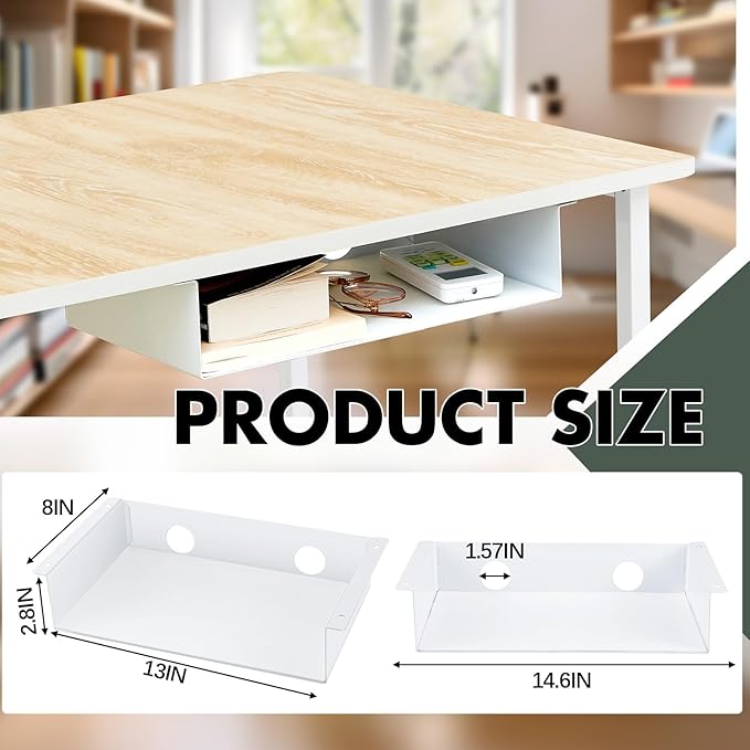 Yaocom 2 Pack 13 Inch Under Desk Hanging Shelf, Carbon Steel Storage Tray with Mute Felt Sheets, Mount Shelves Organizer for Office Home Workstation Gaming Stand Up(13x8x2.8 in/Storage Shelf, White)