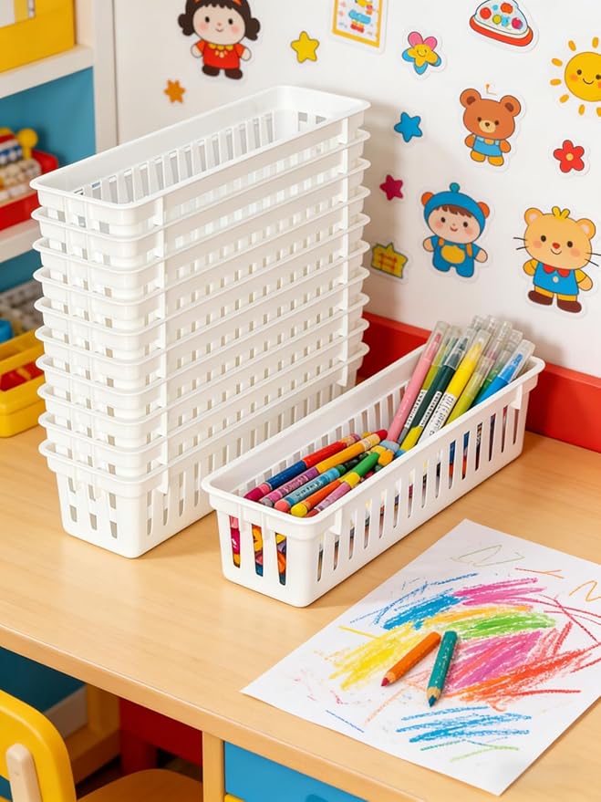RAUVOLFIA 12 Pack Classroom Pencil Organizer Pencil Basket or Crayon Basket, Small Pencil Holder Tray for Kids Desks (White)