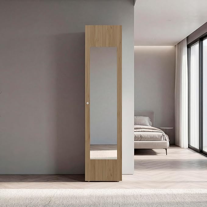 Saily Storage Cabinet with 4 Shelves and Mirror on Door, Modern Design, Natural Oak Mirror on Door: Includes a full-length mirror, making it convenient for quick outfit checks. Easy Access: Feature