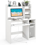 Giantex Computer Desk with Hutch, 43.5 Inch Home Office Desk with Keyboard Tray & Charging Station, Laptop PC Table for Workstation, Modern Study Writing Desk for Small Space, Bedroom, White