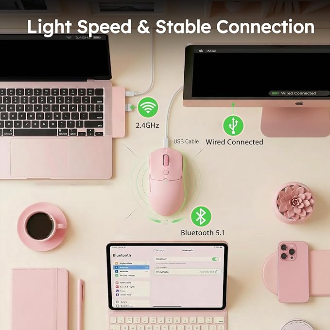 RK ROYAL KLUDGE MO1 Wireless Mouse, 55g Ultra-Lightweight Computer Mice, 6 Programmable Buttons, 2.4GHz/Bluetooth/Wired, 6000 DPI Optical Sensor, Pink