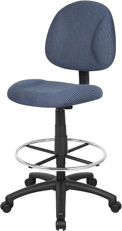 BOWERY HILL Rolling Drafting Stool, Blue Tweed Fabric Upholstery, Contoured Seat and Back, Adjustable Height 26.5-31.5 in, Chrome Foot Ring, 250 lb Capacity, Dual Wheel Casters, Home or Office Use