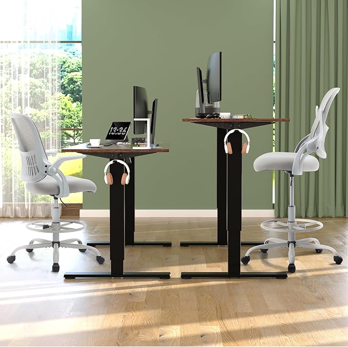 DUMOS Drafting Chair for Standing Desk, Counter Height Adjustable, Flip-up Arms, Ergonomic Mid Back Mesh Rolling Work Swivel Office Computer Chairs with Wheels, Grey