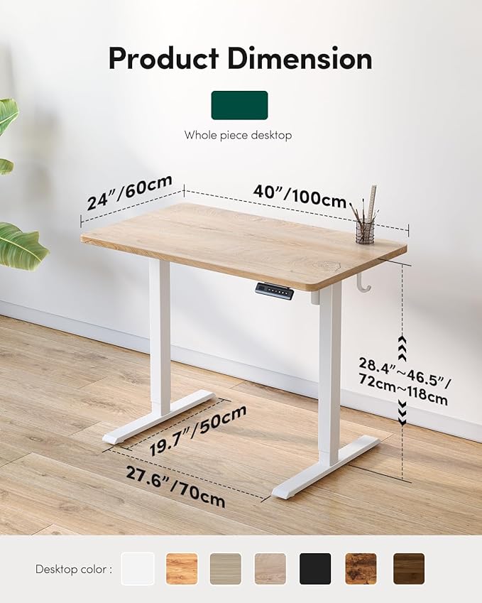 CubiCubi 40 x 24 Small One-Piece Standing Desk, Adjustable Height Electric Computer Home Office Sit Stand up Workstation, with 4 Memory Presets, Headphone Hook, Maple