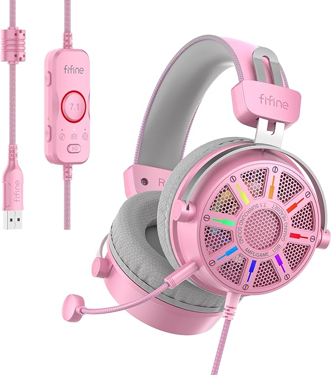 FIFINE USB Gaming Headset with Open Back Design, 7.1 Virtual Surround Sound, 53mm Dynamic Drivers, RGB Headphone with Handy Control Box, Detachable Boom Mic for PC, PS5, PS4, Laptop, Mac - H19P