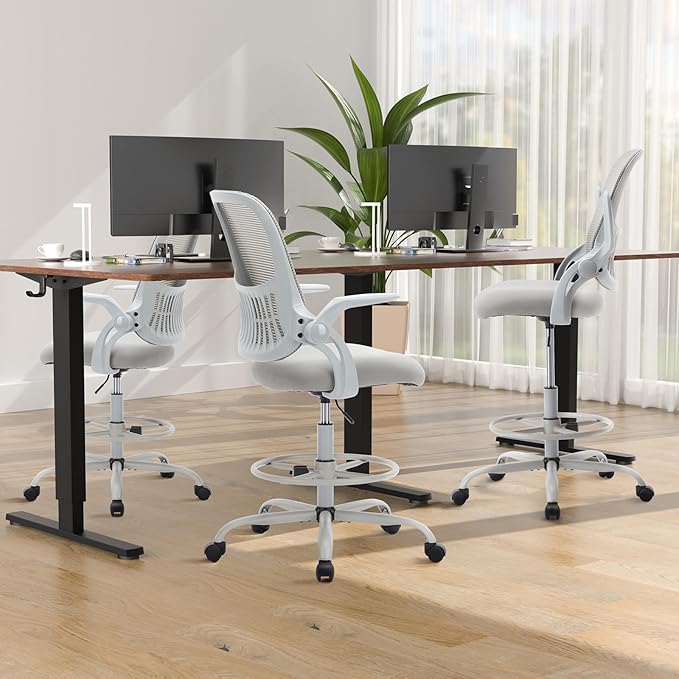 DUMOS Drafting Chair for Standing Desk, Counter Height Adjustable, Flip-up Arms, Ergonomic Mid Back Mesh Rolling Work Swivel Office Computer Chairs with Wheels, Grey