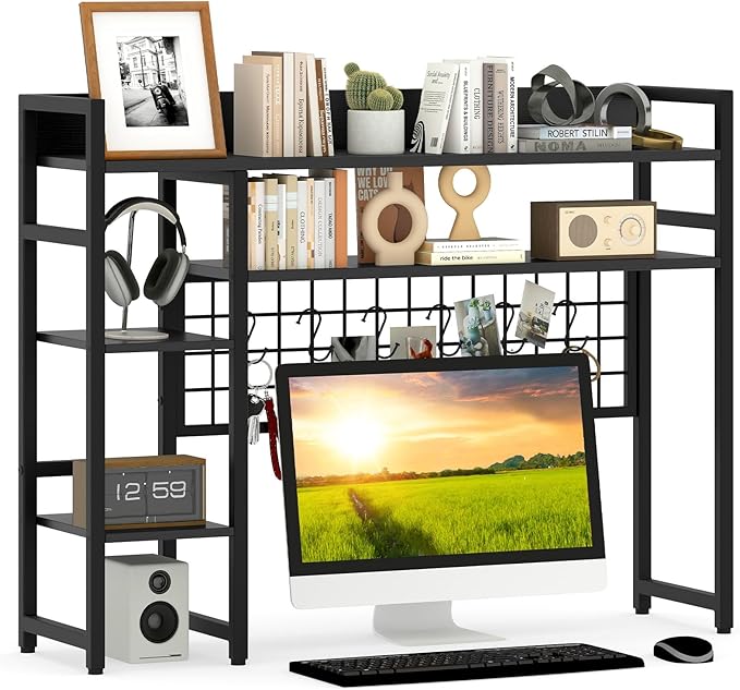 Giantex Desktop Bookshelf, 37" Desk Shelf for Up to 32" Computer Monitors, 4 Tier Desktop Display Shelves with Grid Panel, 6 Movable Hooks, Anti-tip Device, Desk Hutch for Home Office Dorm (Black)