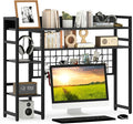 Giantex Desktop Bookshelf, 37" Desk Shelf for Up to 32" Computer Monitors, 4 Tier Desktop Display Shelves with Grid Panel, 6 Movable Hooks, Anti-tip Device, Desk Hutch for Home Office Dorm (Black)