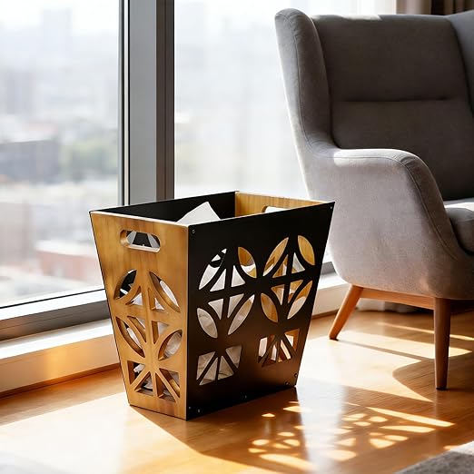 Wood Office Trash Can,Retro Bedroom Trash Can Decorative Bathroom Waste Basket with Handle Small Paper Wastebasket Rectangular Reclaimed Iron and Wood Storage Basket