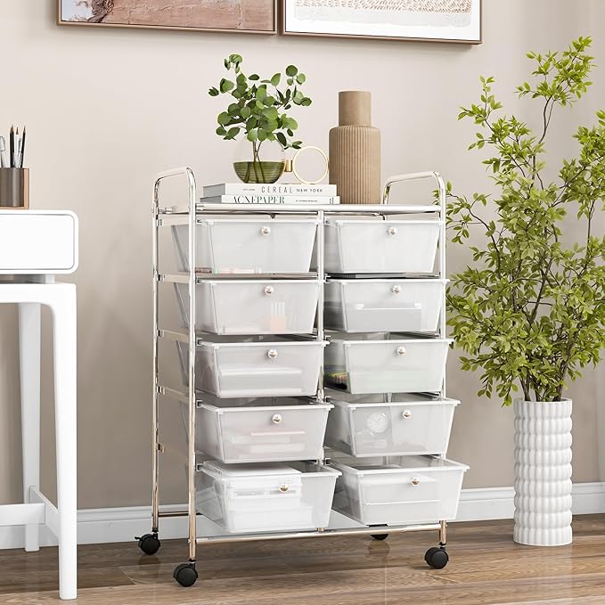 Moccha 10-Drawer Rolling Storage Cart - Under Desk Storage Drawers with wheels for Craft Art Supply Paper Salon, Scrapbook Paper Tools, Mobile Utility Cart for Classroom, Clear