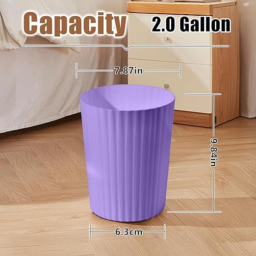 Small Platic 2 Gallon Trash Can - Compact Wastebin for Bathroom, Kitchen, Office, Home Use - Purple
