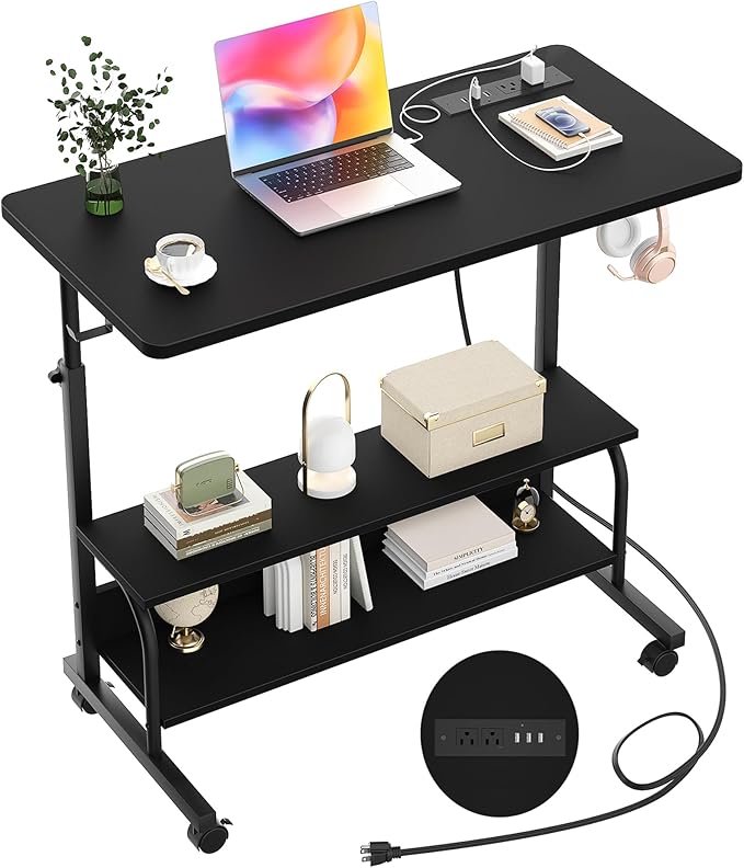 Armocity Rolling Standing Desk with Power Outlets, 32" Manual Height Adjustable Mobile Computer Desk with Wheels, Small Portable Sit Stand Laptop Couch Table for Bed & Sofa Home Office, Black