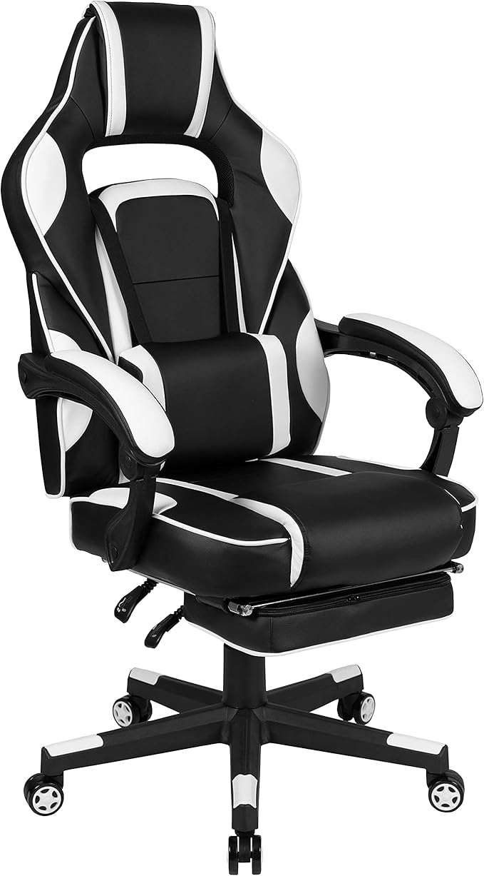 Flash Furniture Optis Black Gaming Desk with Cup Holder/Headphone Hook/Monitor Stand & White Reclining Back/Arms Gaming Chair with Footrest