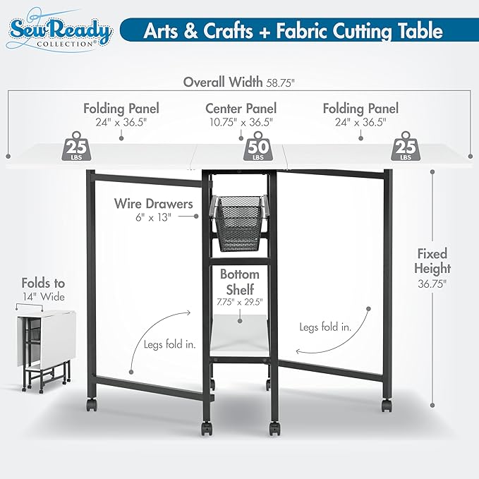 Studio Designs Sew Ready Fabric Cutting Standing Table with Craft Organizers - 58.75" W x 36.5" D x 30" H - Charcoal / White