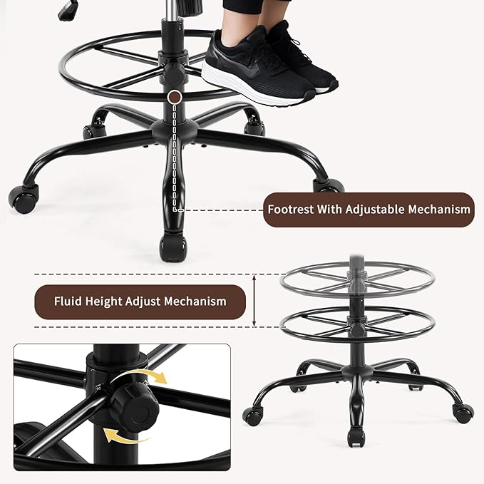 Karl home Drafting Chair Height Adjustable for Standing Desk, PU Upholstered Tall Office Swivel Desk Chair with Flip-Up Armrests, Ergonomic Lumbar Support, Adjustable Foot Ring, Khaki
