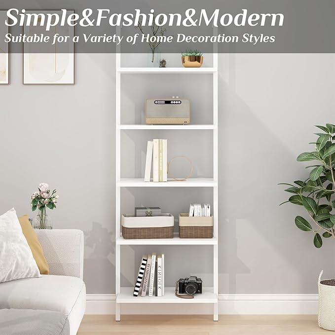 Karl home Ladder Shelf 5 Tier Wall Mounted Bookcase with Metal Frame, Open Design Shelves for Living Room, Bedroom, Home, Office, White (23.62" L x 11.81" W x 70.87" H)