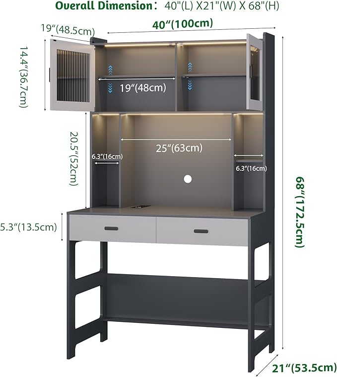 Vlsrka Home Office Desk with Hutch and LED Lights, 40 Inch Modern Study Desk with Power Outlet and Charging Station, Wooden Computer Desk with Storage Drawers & Shelves (Grey)